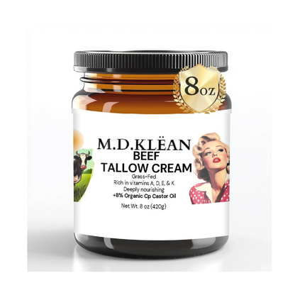 M.D KLEAN  NEW WHIPPED Beef Tallow Cream with Castor Oil and Frankincense  8 oz Glass Jar