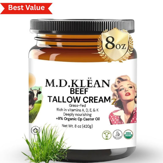 M.D KLEAN  NEW WHIPPED Beef Tallow Cream with Castor Oil and Frankincense (Organic Face Cream) 8 oz Glass Jar