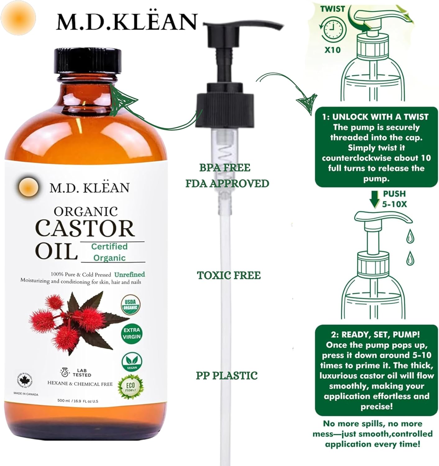 M.D. Klean Organic Cold Pressed Castor Oil (560 ml) 60 ML Dropper + Pump Included