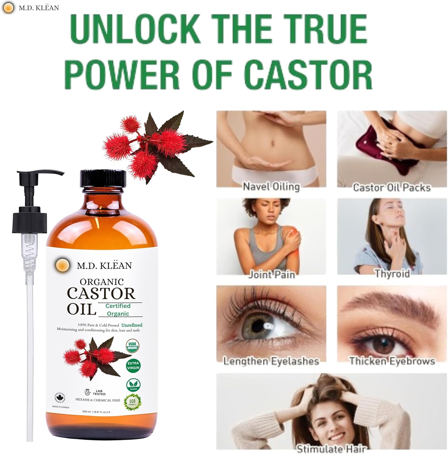 M.D. Klean Organic Cold Pressed Castor Oil (560 ml) 60 ML Dropper + Pump Included