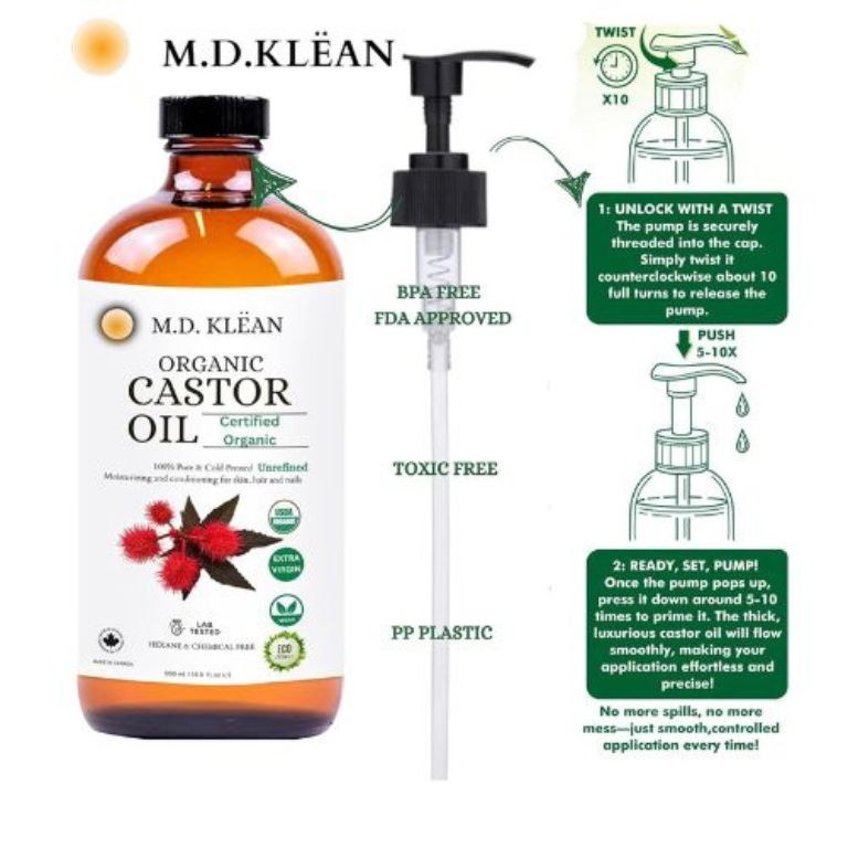 M.D. Klean Organic Cold Pressed Castor Oil (560 ml) 60 ML Dropper + Pump Included