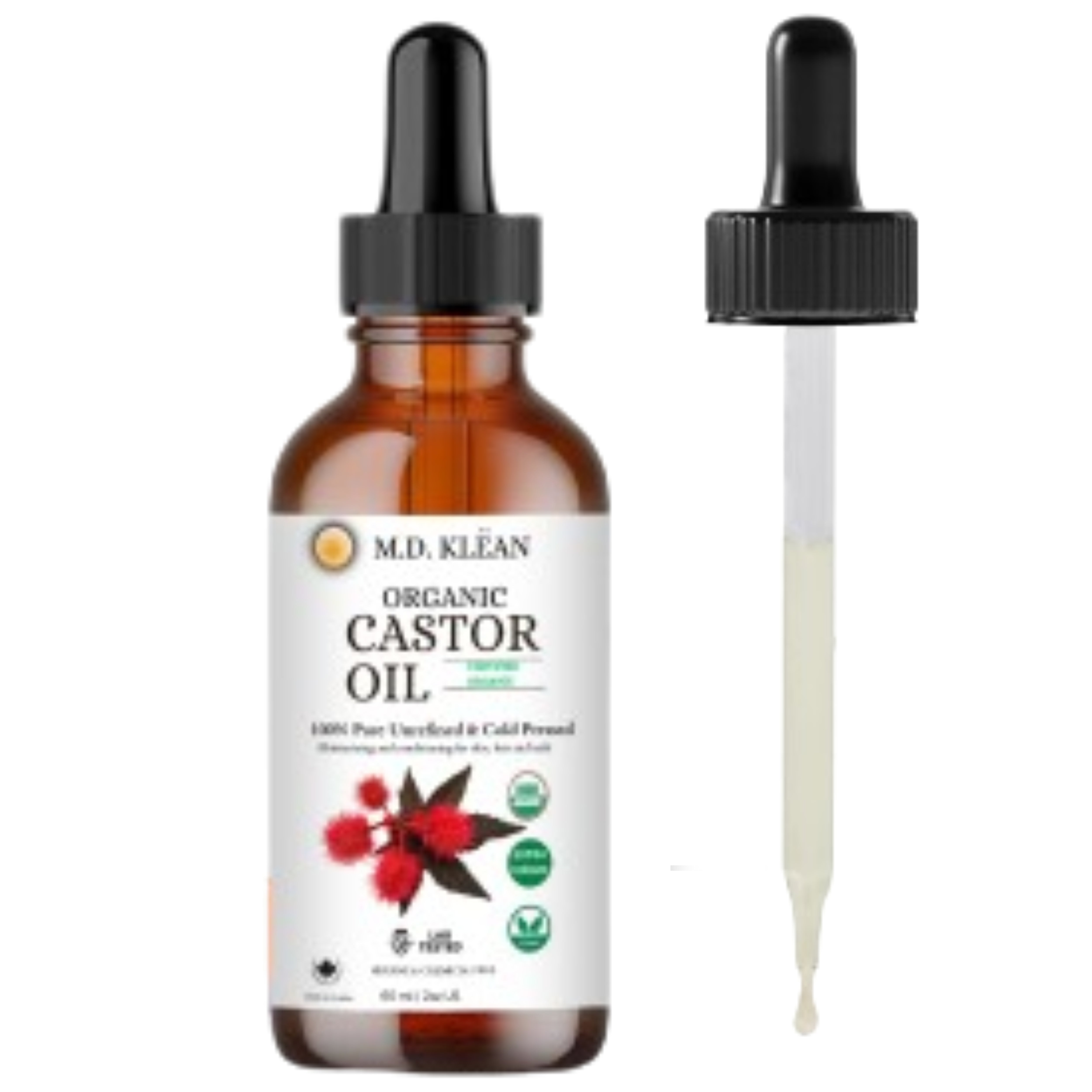 M.D. Klean Organic Cold Pressed Castor Oil (560 ml) 60 ML Dropper + Pump Included