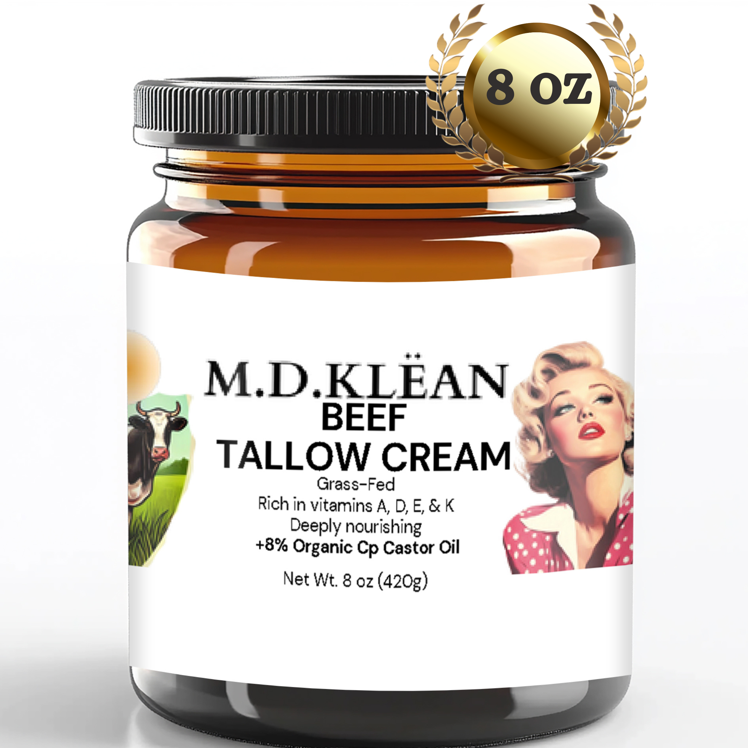 M.D KLEAN  NEW WHIPPED Beef Tallow Cream with Castor Oil and Frankincense (Organic Face Cream) 8 oz Glass Jar