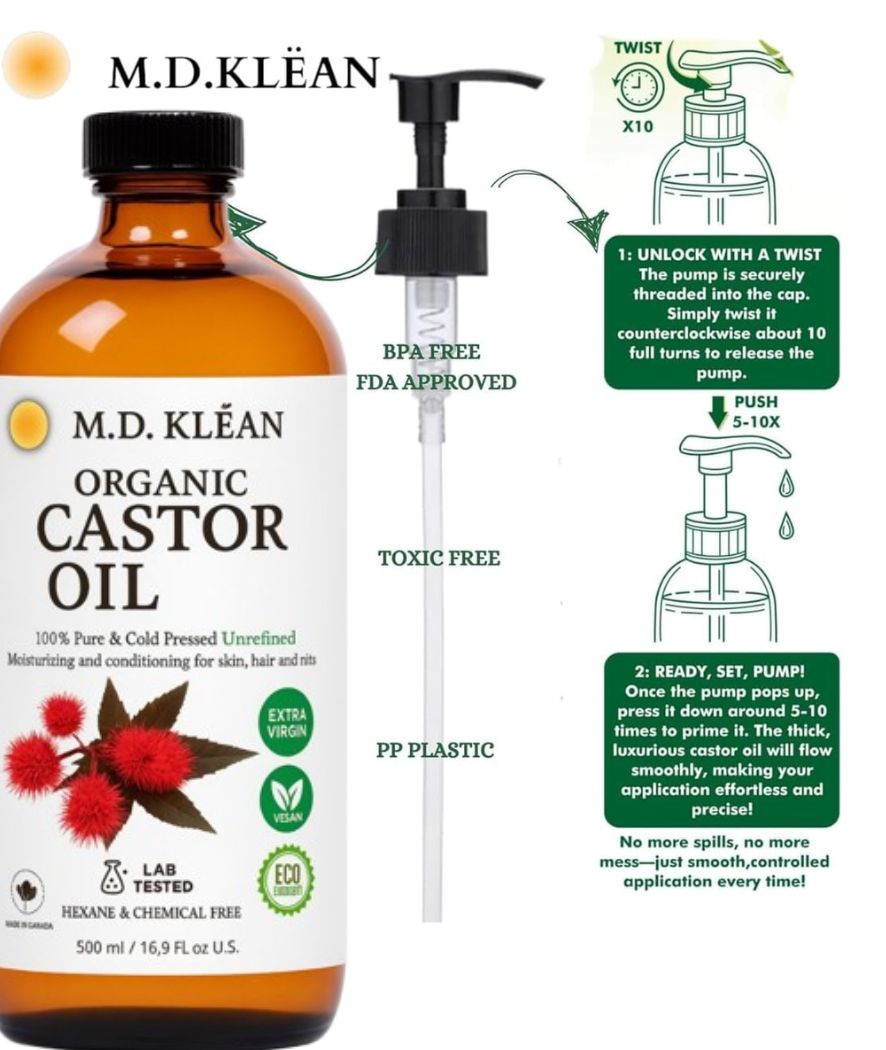 M.D KLEAN Organic Castor Oil Cold Pressed Hexene Free (500 ML) Glass Bottle