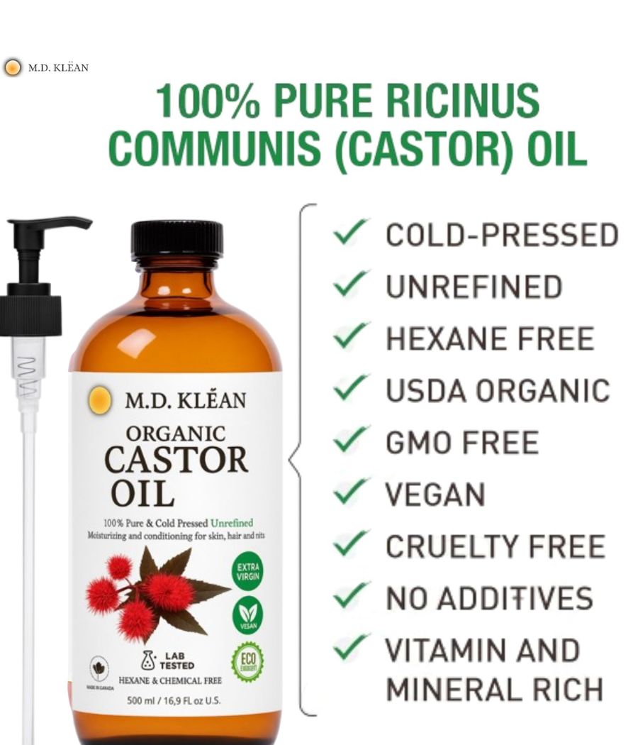 M.D KLEAN Organic Castor Oil Cold Pressed Hexene Free (500 ML) Glass Bottle