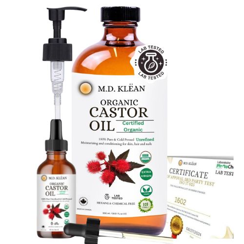 M.D. Klean Organic Cold Pressed Castor Oil (560 ml) 60 ML Dropper + Pump Included