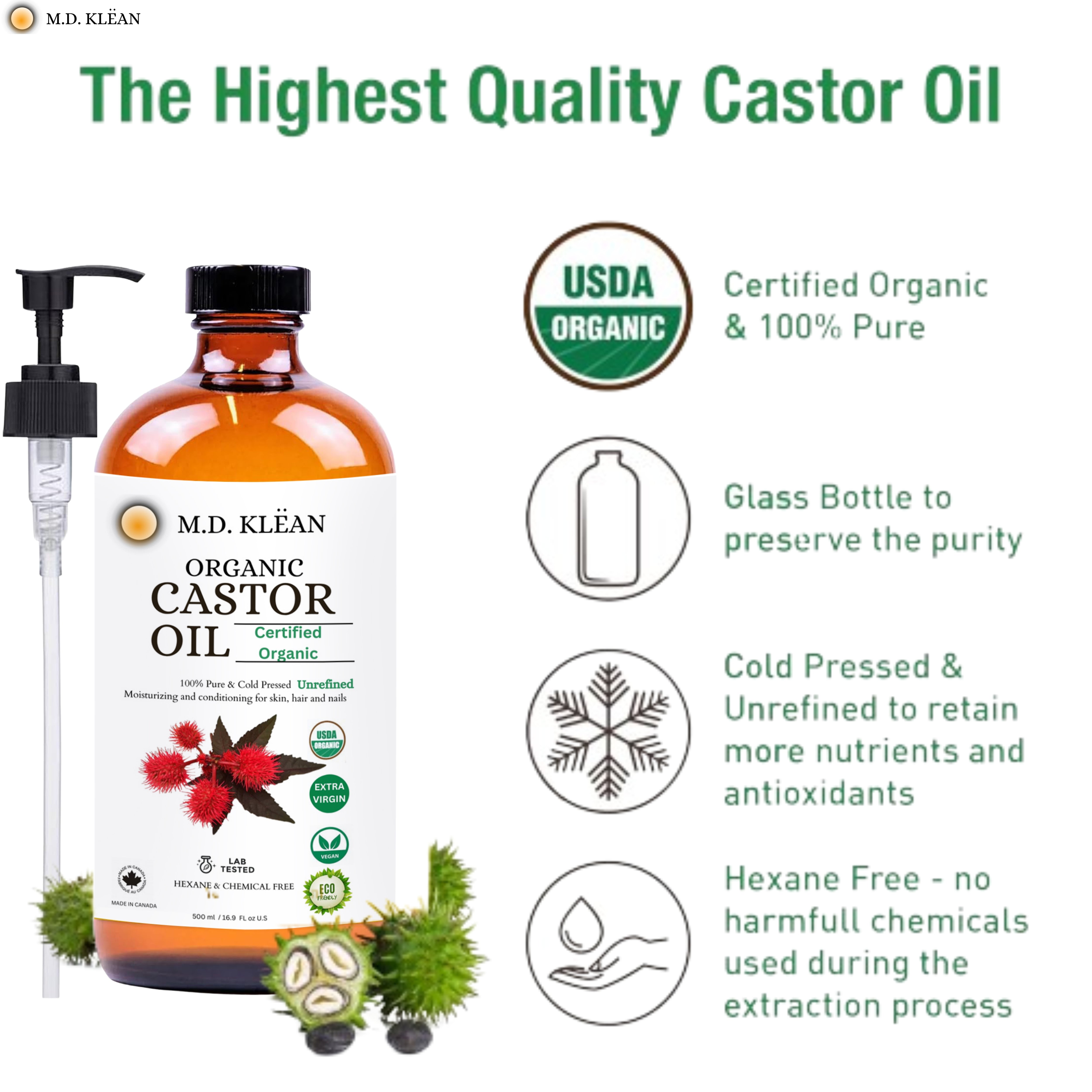 M.D KLEAN Organic Castor Oil Cold Pressed Hexene Free (500 ML) Glass Bottle