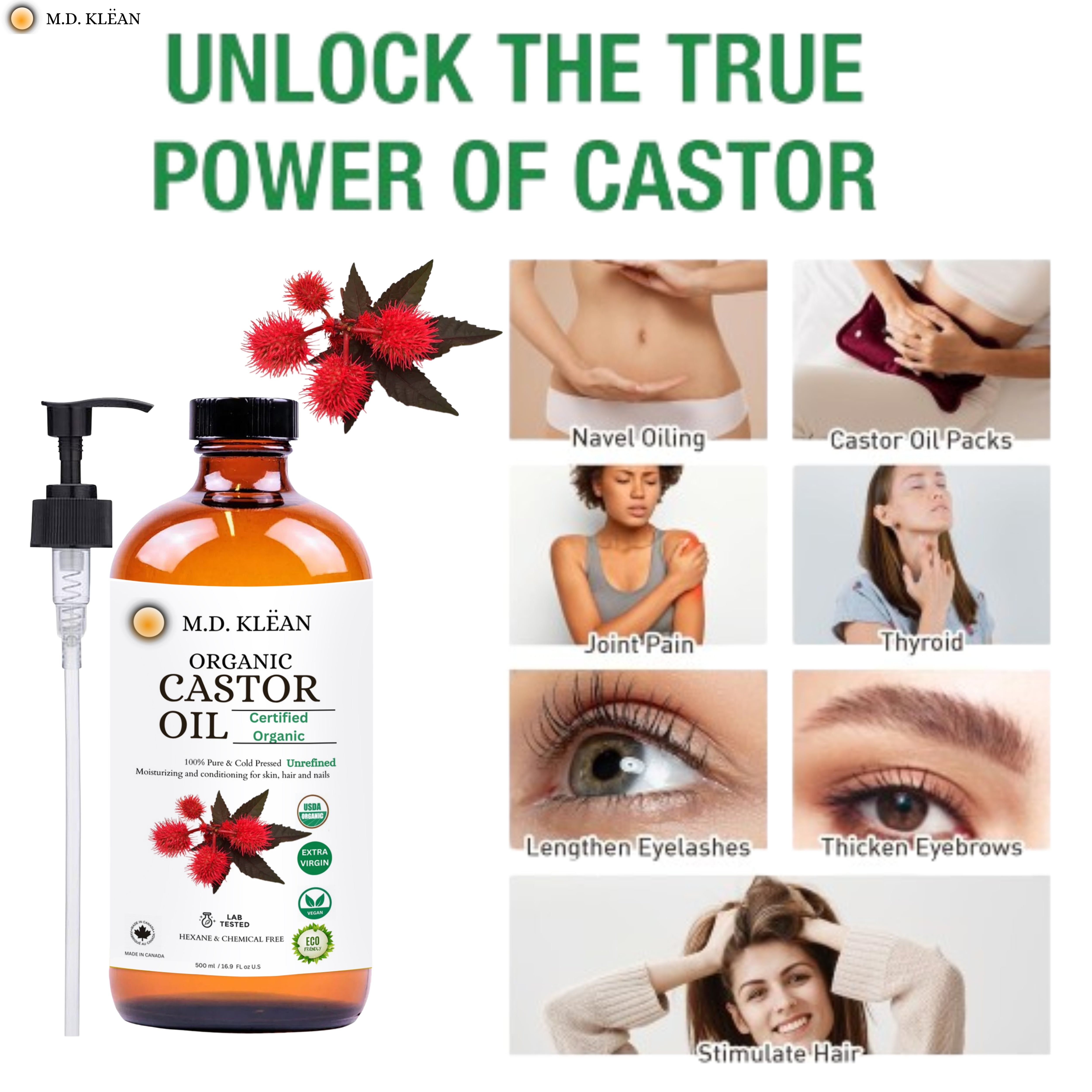M.D KLEAN Organic Castor Oil Cold Pressed Hexene Free (500 ML) Glass Bottle