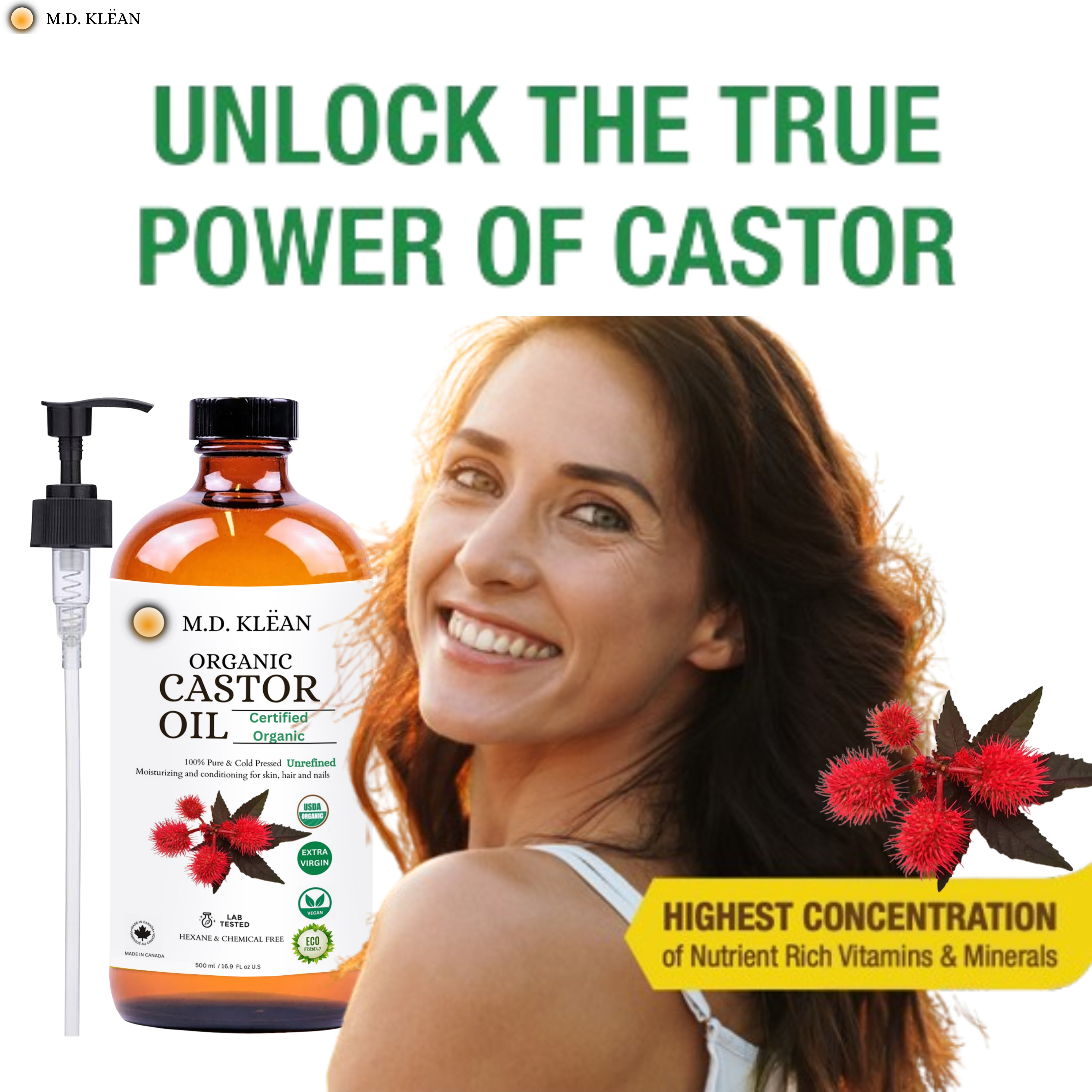 M.D KLEAN Organic Castor Oil Cold Pressed Hexene Free (500 ML) Glass Bottle