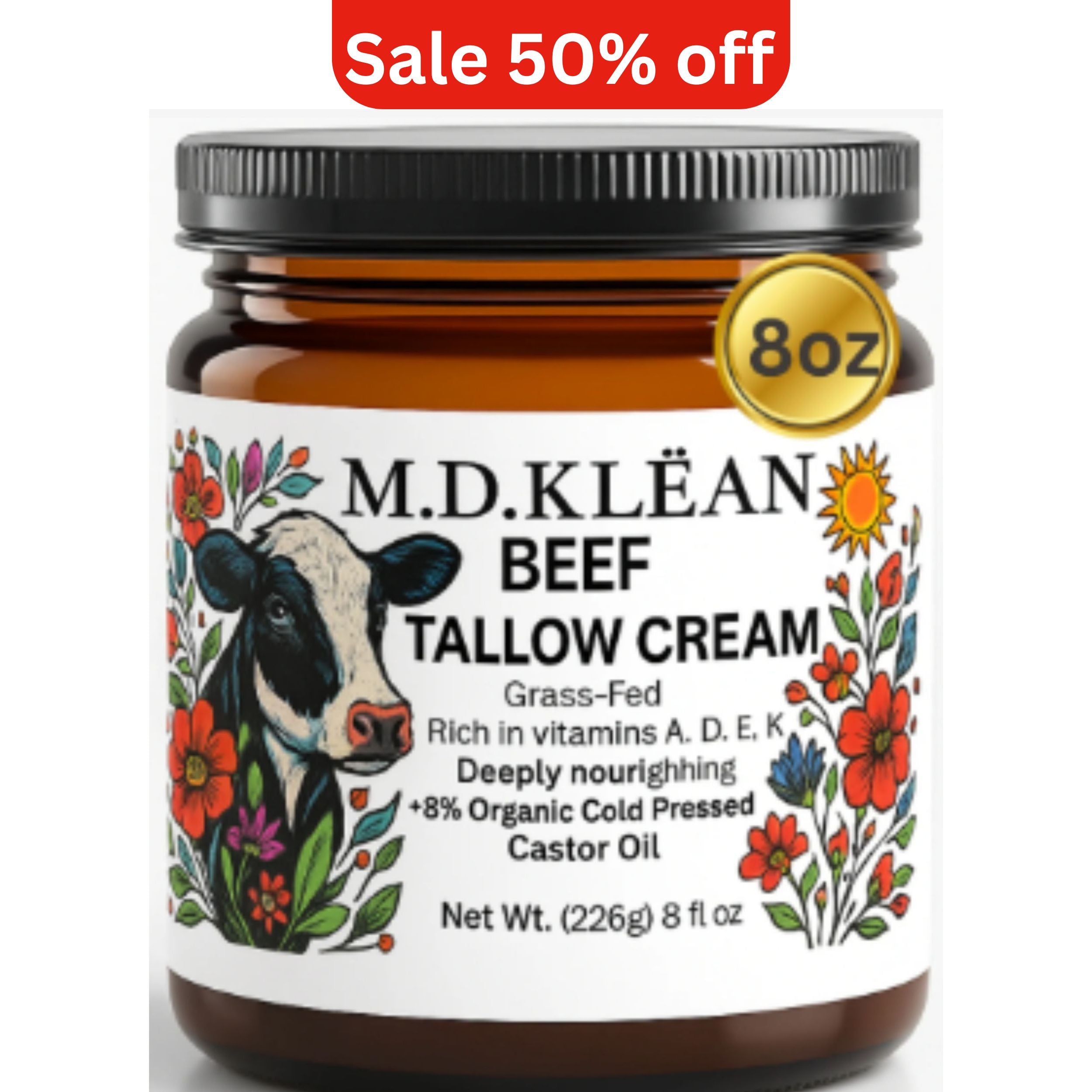 Hand Made Whipped Beef Tallow Balm 8 oz Glass Jar with infused castor oil and frankincense unscented